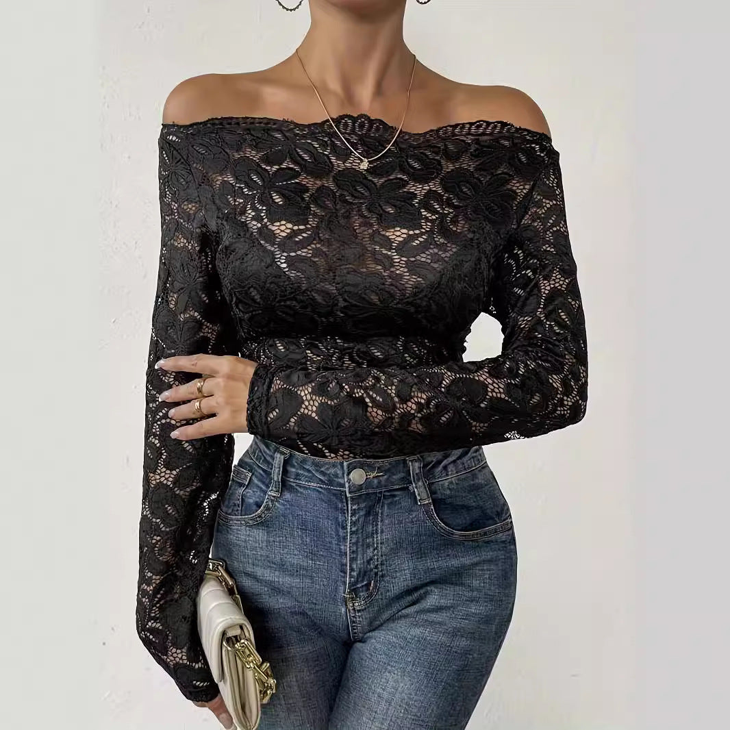 Fan-shaped Collar Side Off-shoulder Single Layer Lace Slim-fit Long Sleeve