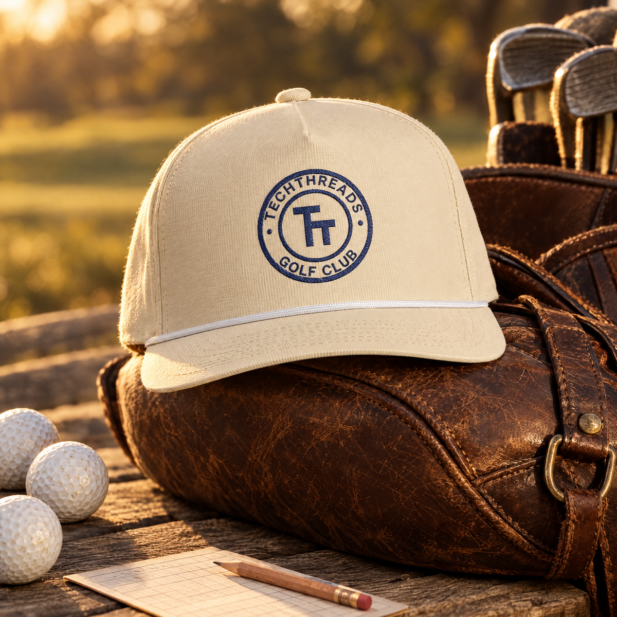 Golf Club Rope Cap resting on a vintage leather golf bag at golden hour
