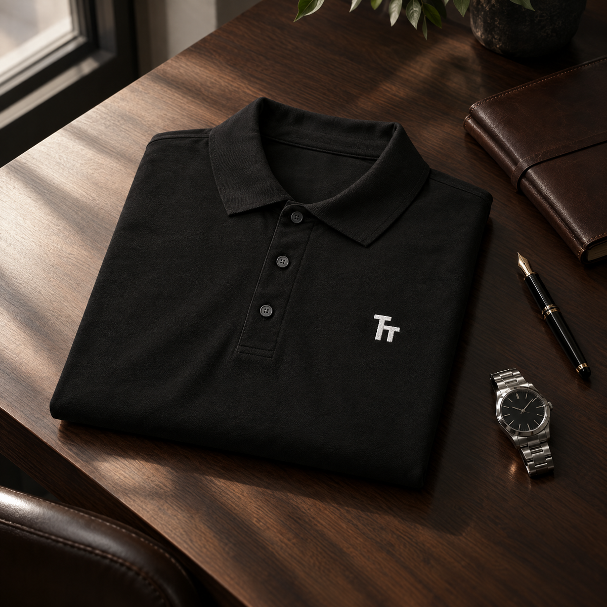Folded black Workday Stretch Polo on a walnut desk with a leather notebook and fountain pen