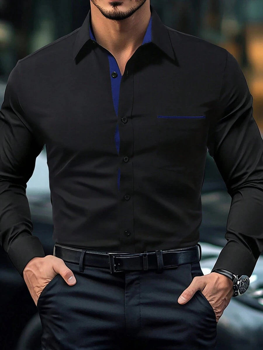 Men's contrast trim front button long sleeve dress shirt — Black with blue trim smart casual wardrobe essential