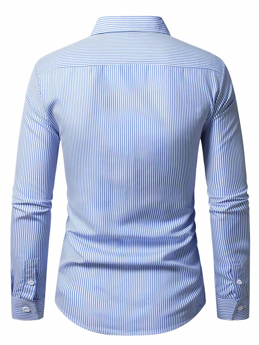 Tech Threads single-breasted striped long sleeve shirt in blue — versatile smart casual men's top