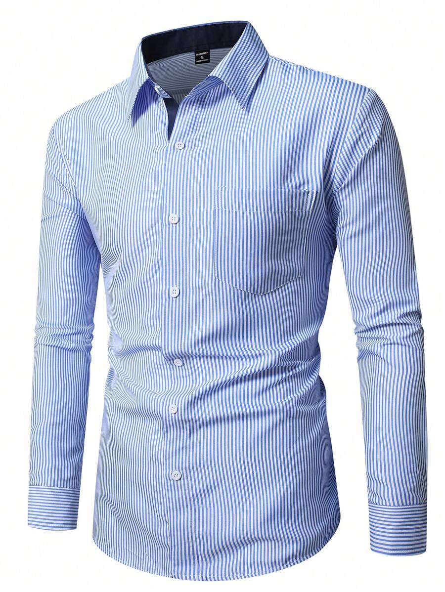 Tech Threads single-breasted striped long sleeve shirt in blue — versatile smart casual men's top