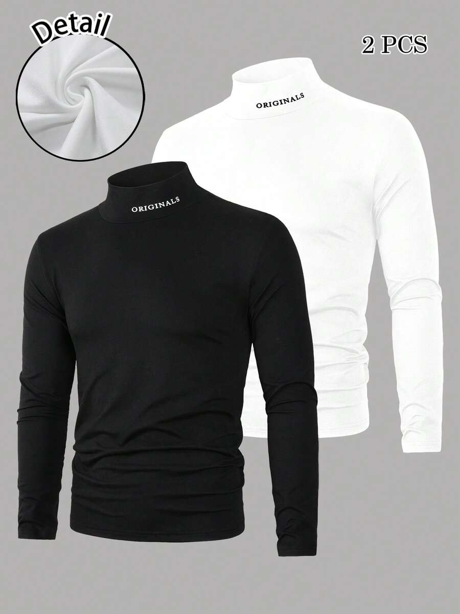 Tech Threads 2-piece stand collar long sleeve t-shirt set — black and white versatile men's layering tops