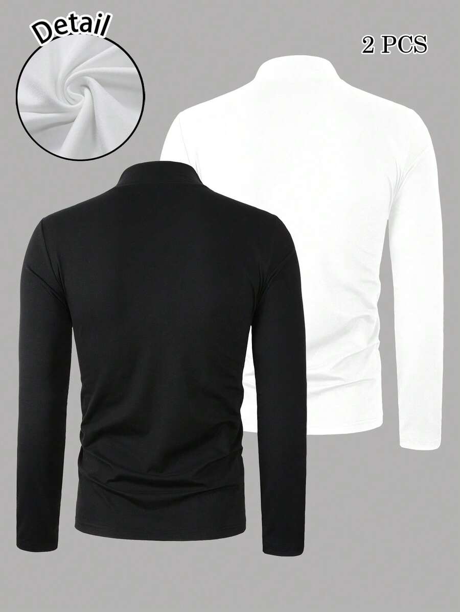 Tech Threads 2-piece stand collar long sleeve t-shirt set — black and white versatile men's layering tops