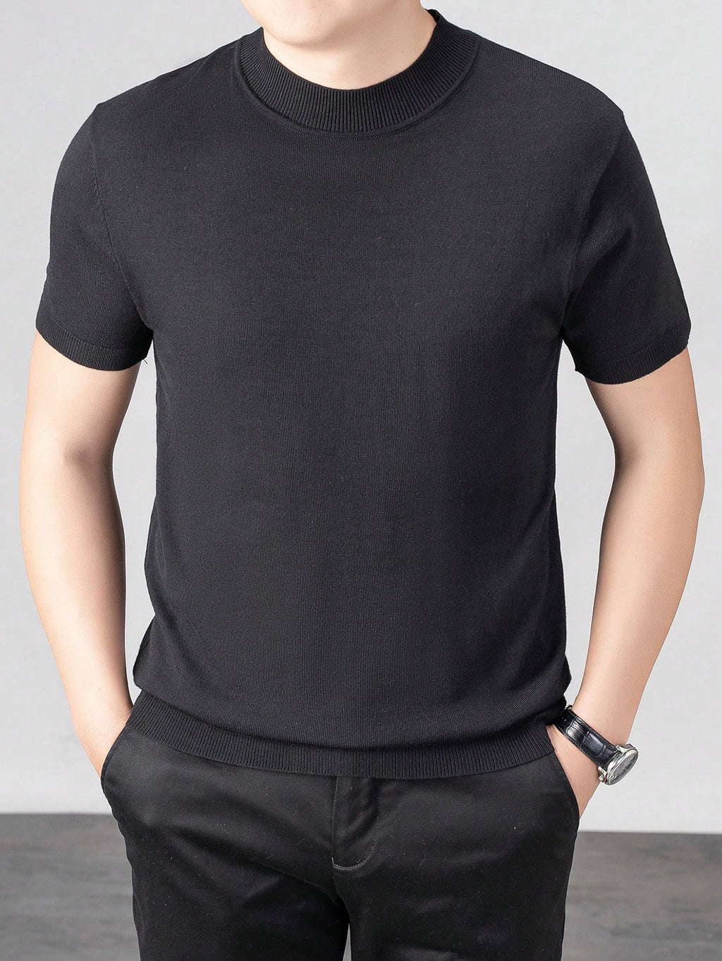 Men's ribbed knit short sleeve mock turtleneck sweater — casual smart style in grey