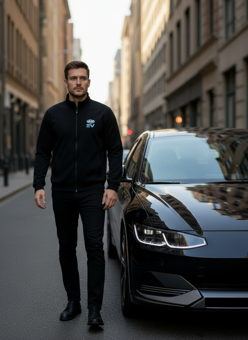 Men's embroidered soft shell jacket — lightweight EV lifestyle outerwear with custom logo detail