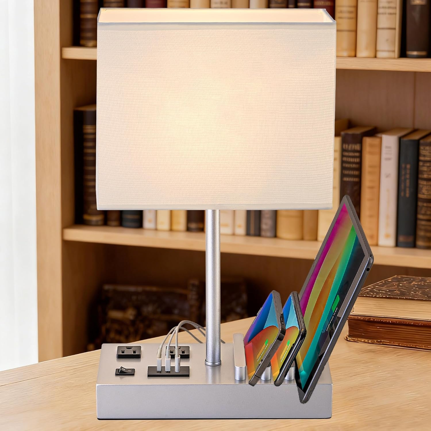 Bedside Table Lamp with 3 USB Charging Ports, 2 AC Outlets and 3 Phone Stands, Modern USB Desk Lamp with Silver Wooden Base