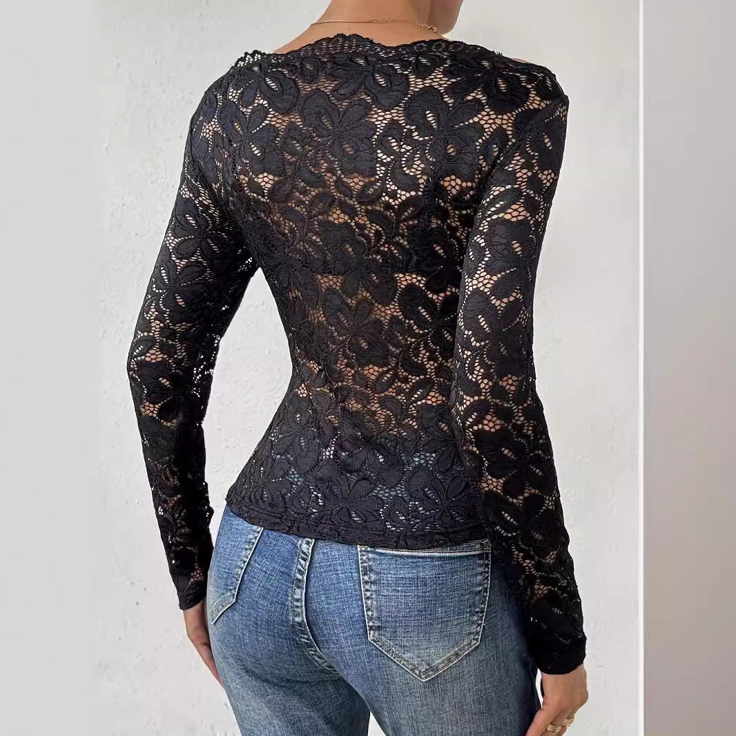 Fan-shaped Collar Side Off-shoulder Single Layer Lace Slim-fit Long Sleeve