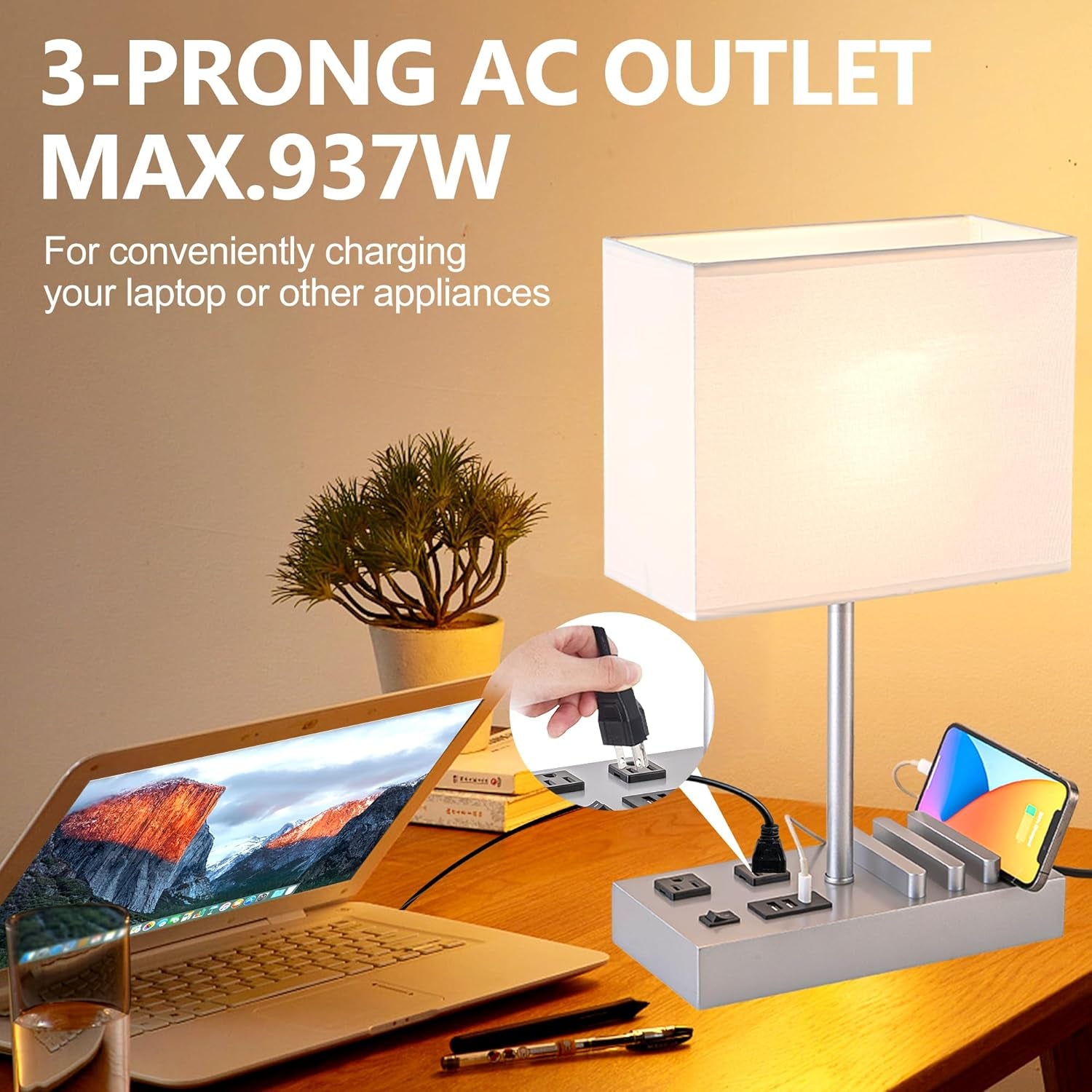 Bedside Table Lamp with 3 USB Charging Ports, 2 AC Outlets and 3 Phone Stands, Modern USB Desk Lamp with Silver Wooden Base