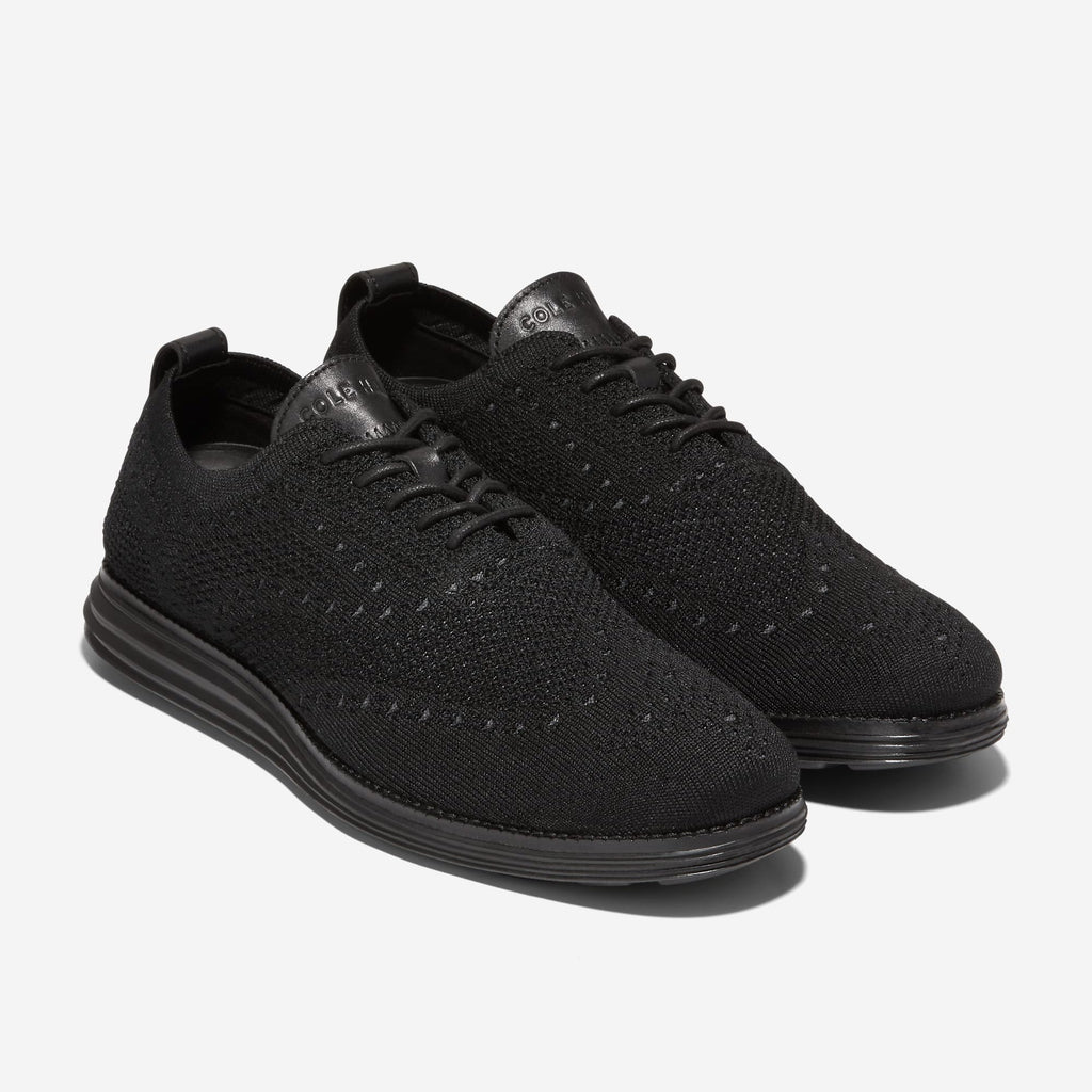 Cole Haan Grand Knit Wingtip II Oxford in black, three-quarter view