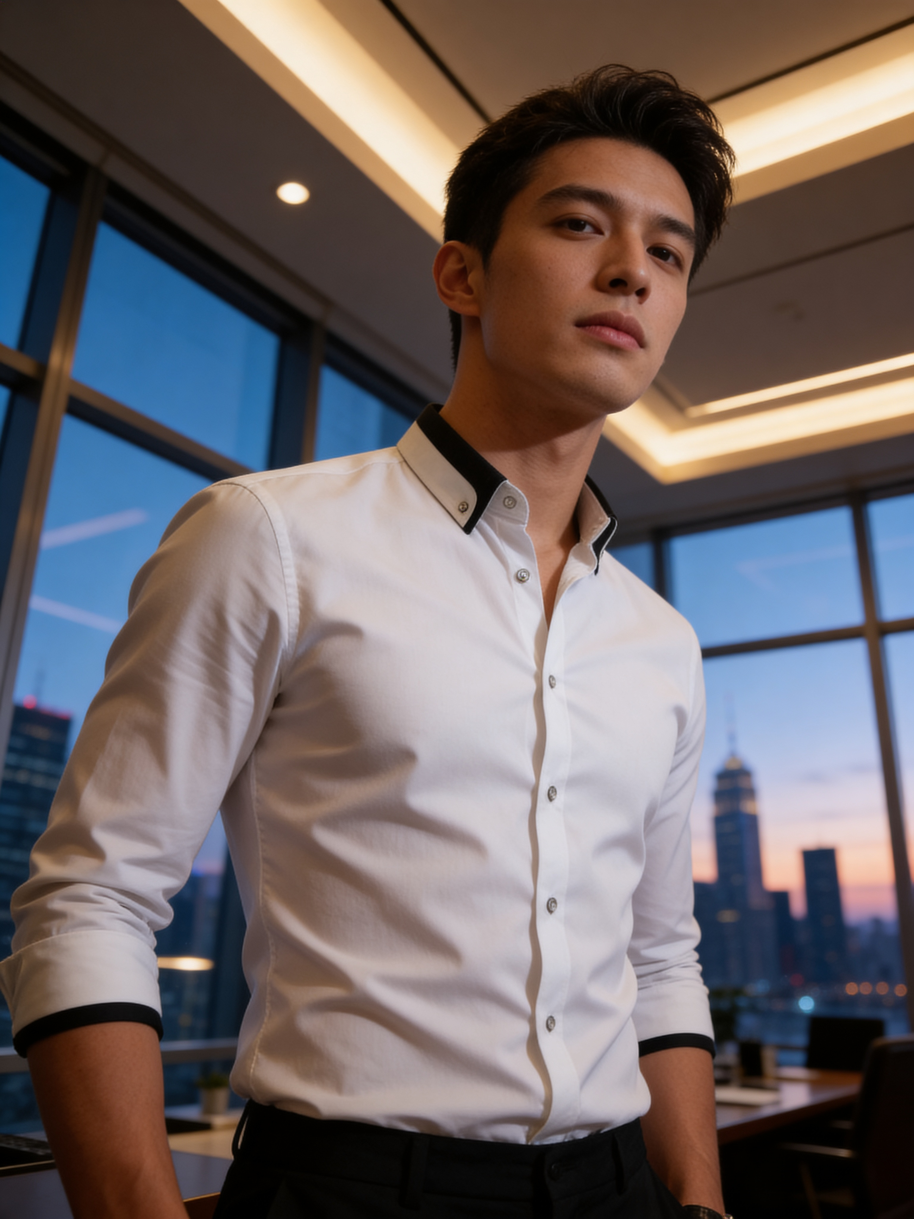 Men's white long sleeve dress shirt with black trim collar — statement business casual top from Tech Threads