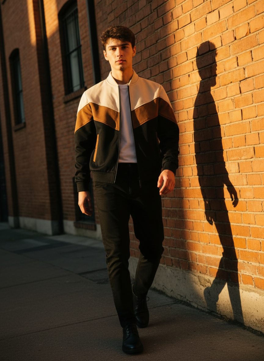 Tech Threads Signal Jacket — men's color block bomber windbreaker in cream and navy for smart athleisure style