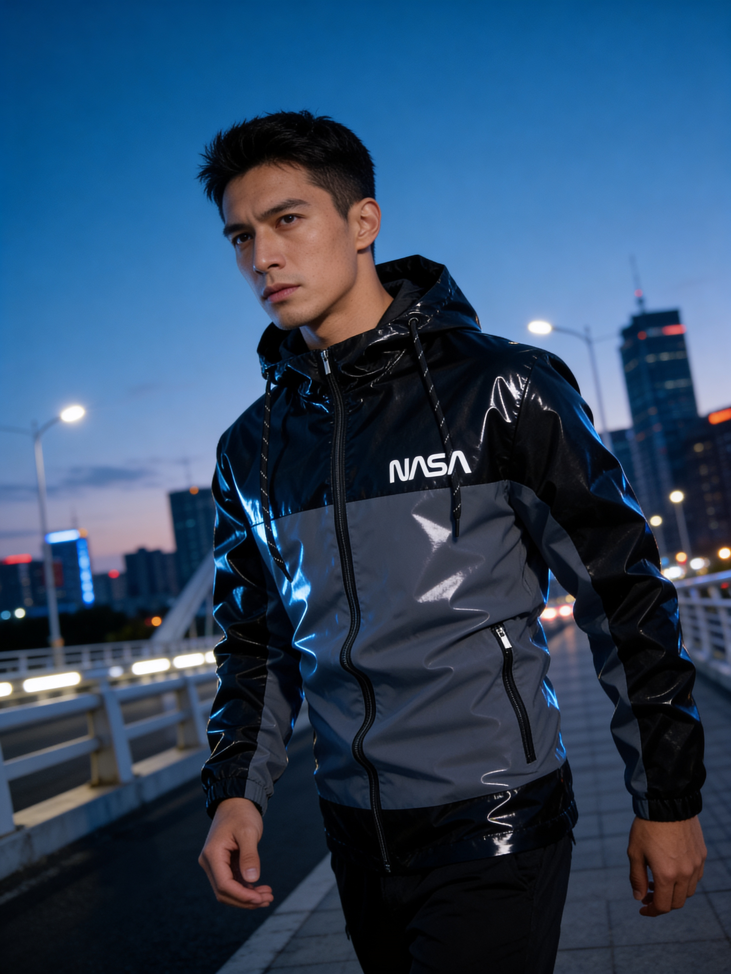 Men's grey colorblock zip-up drawstring hoodie jacket — casual sports style outerwear for spring and autumn