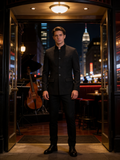 Tech Threads City Blazer — men's black mandarin collar suit jacket, lapel-free modern professional blazer