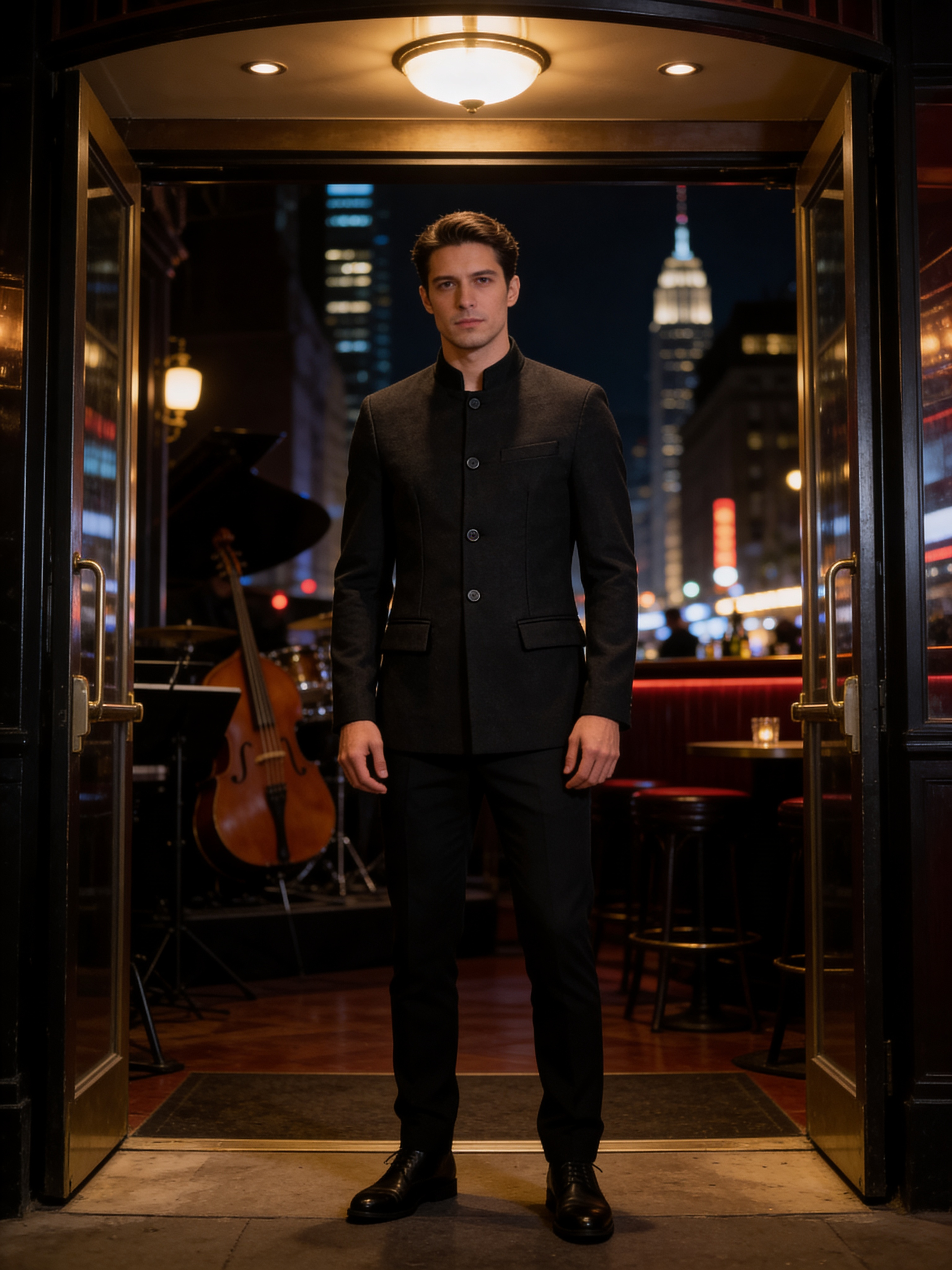 Tech Threads City Blazer — men's black mandarin collar suit jacket, lapel-free modern professional blazer
