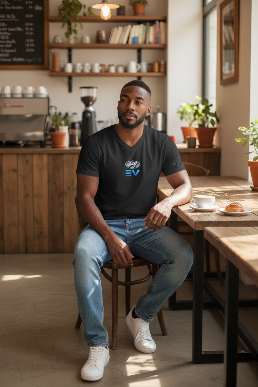 EV Logo V-Neck Tee — Minimal Electric Vehicle Emblem Shirt