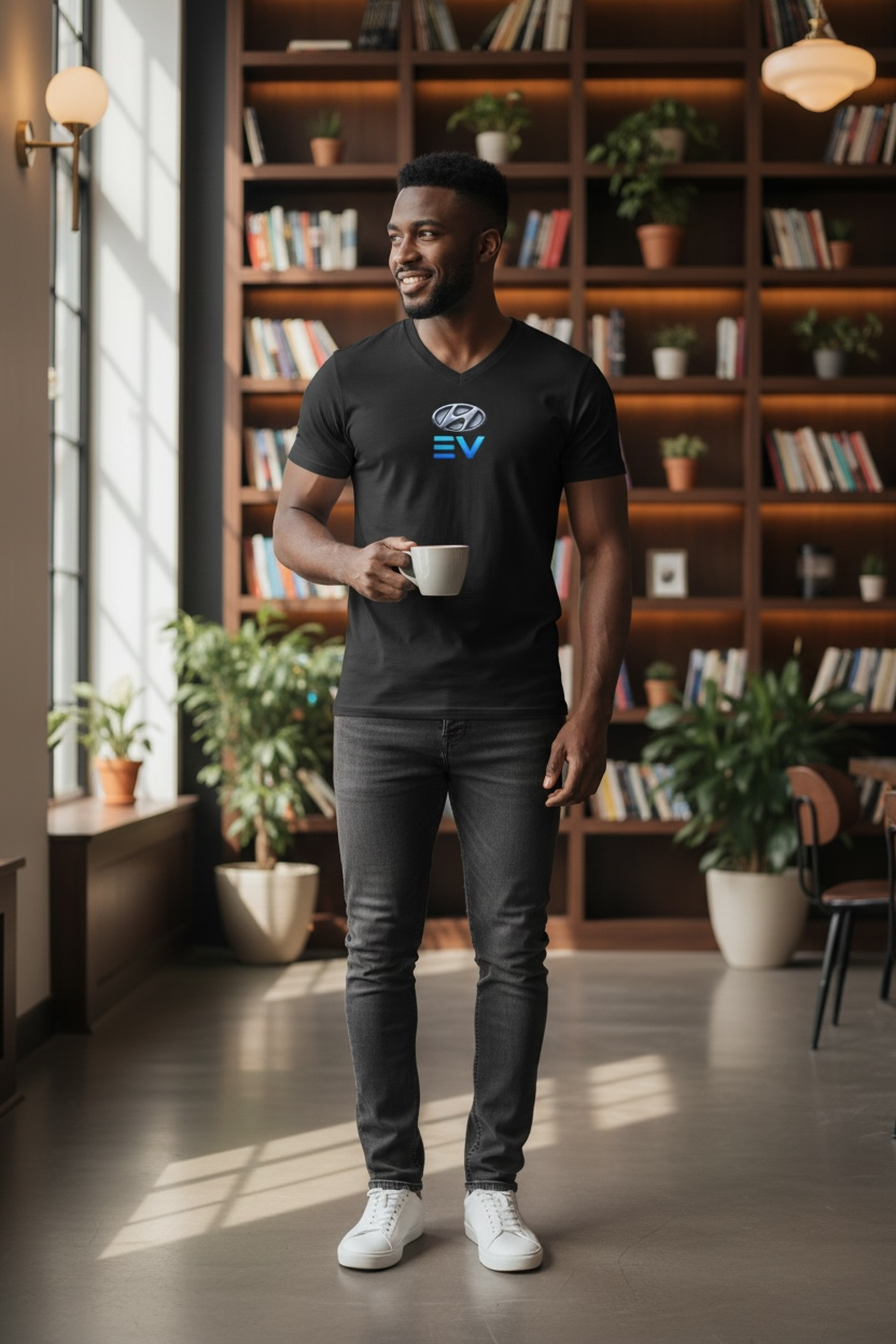EV Logo V-Neck Tee — Minimal Electric Vehicle Emblem Shirt