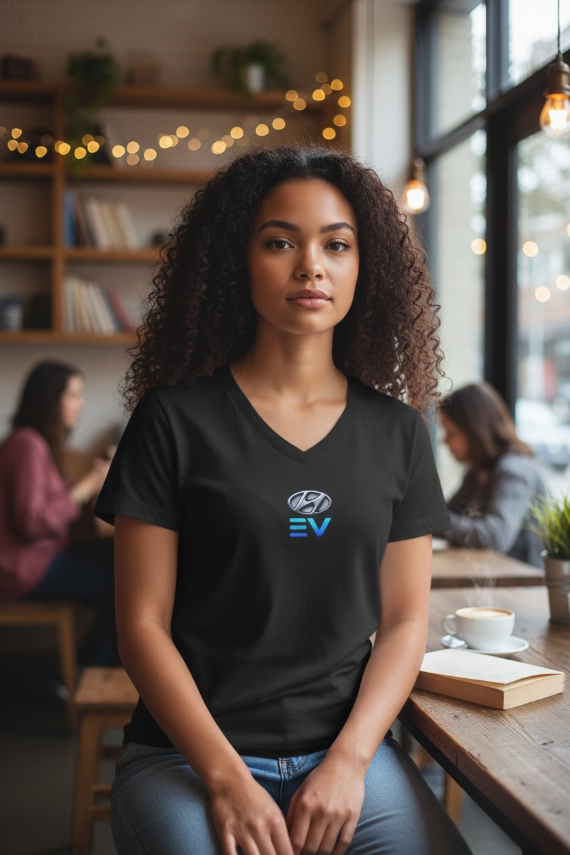 EV Logo V-Neck Tee — Minimal Electric Vehicle Emblem Shirt