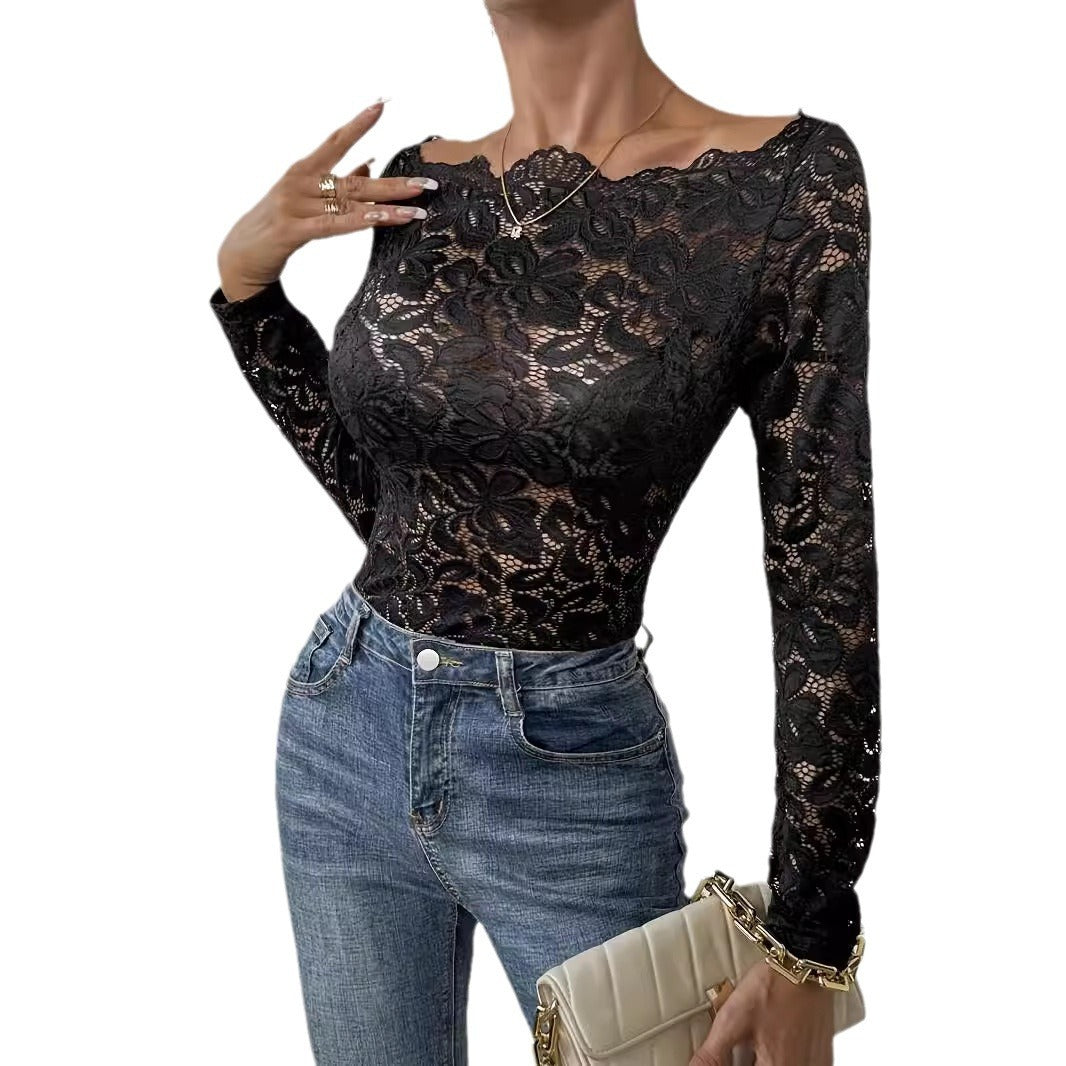 Fan-shaped Collar Side Off-shoulder Single Layer Lace Slim-fit Long Sleeve
