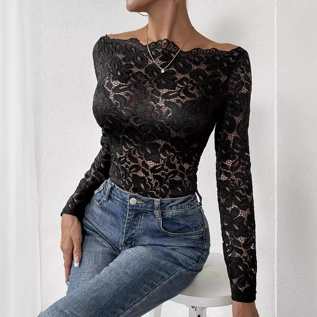 Fan-shaped Collar Side Off-shoulder Single Layer Lace Slim-fit Long Sleeve