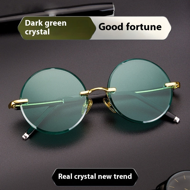 Imitation Crystal Glasses Dark Green Men's Round Sunglasses