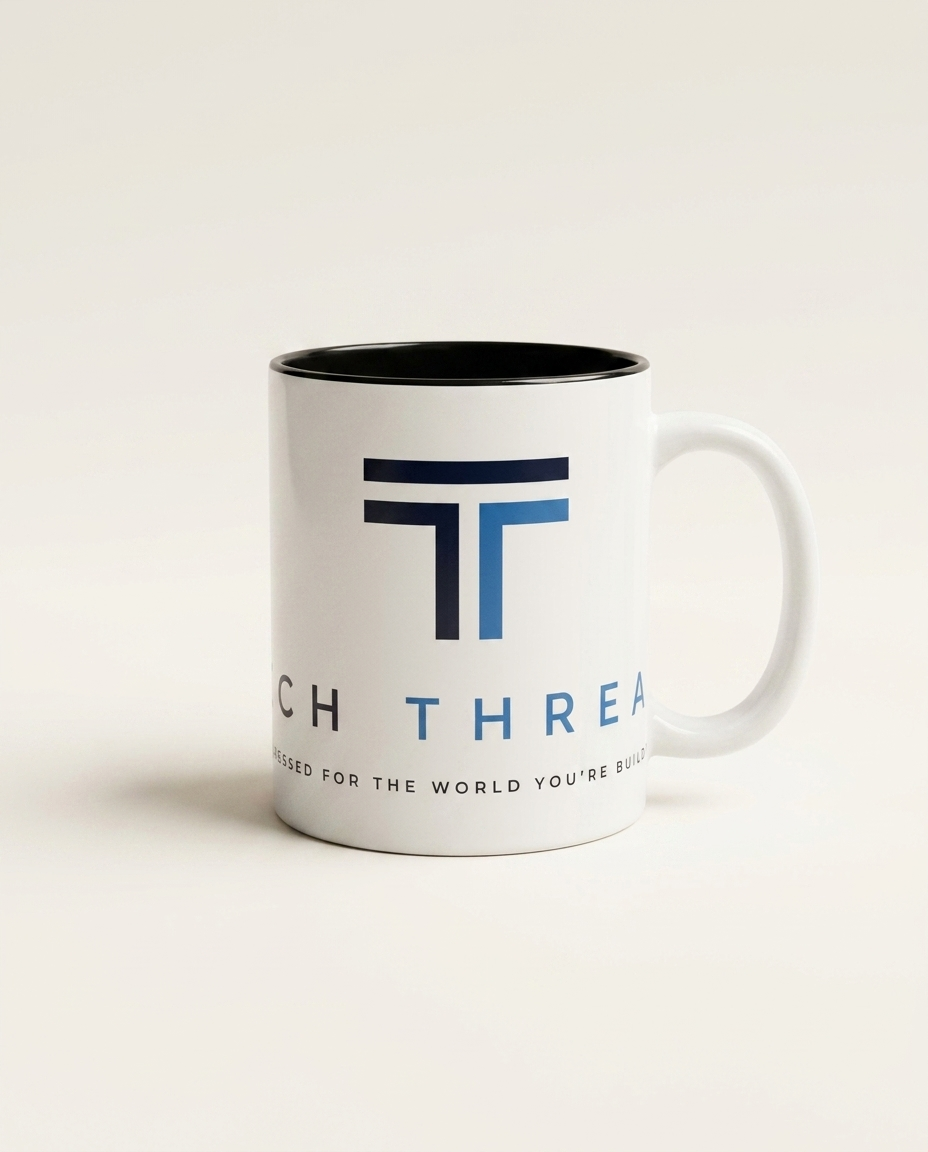 Tech Threads Logo Mug - luxury studio product shot