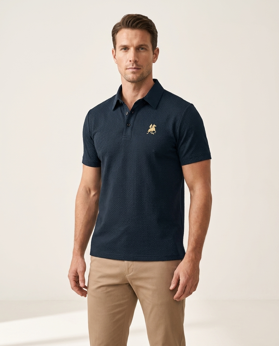 Embroidered Polo - luxury on-model studio shot