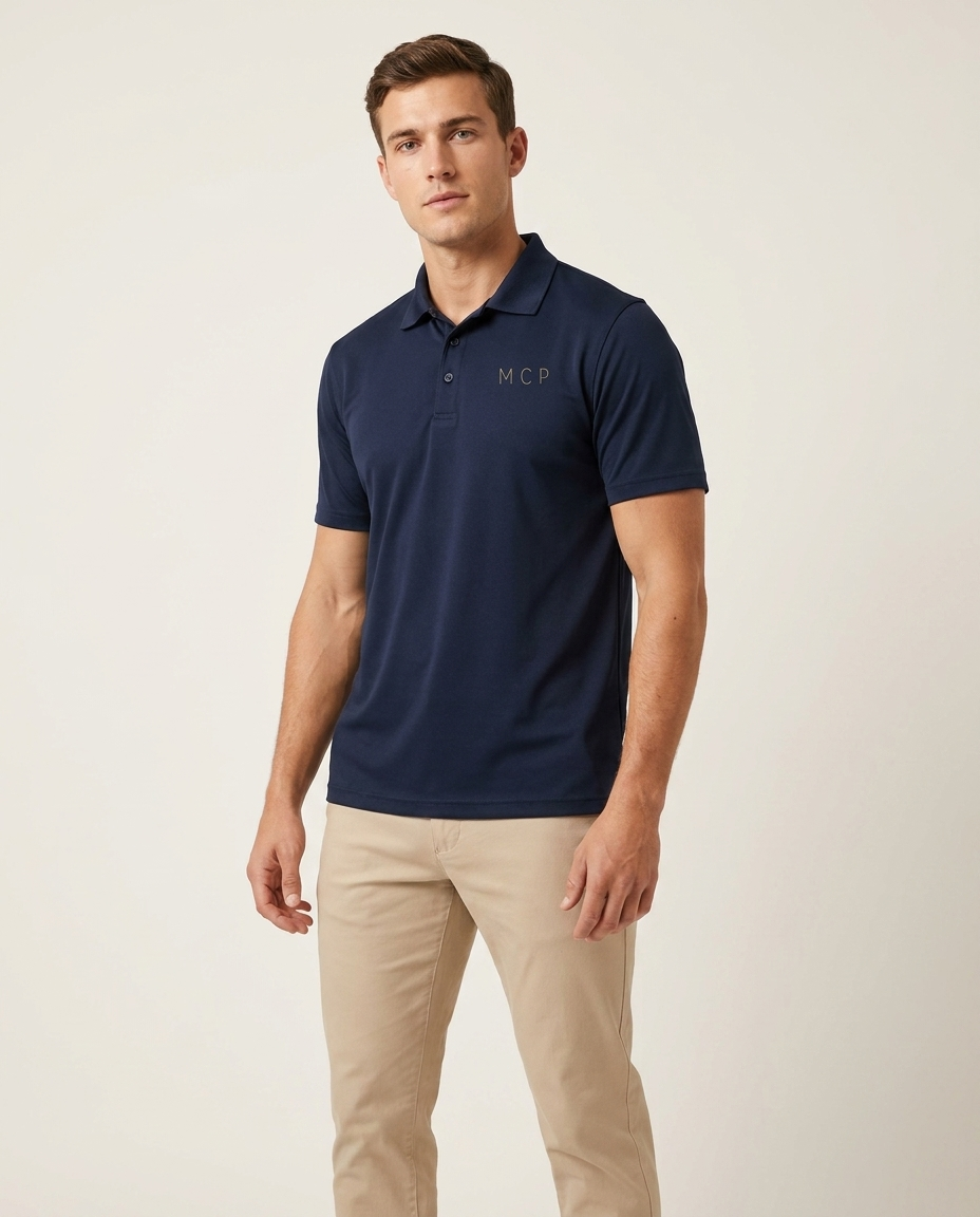 model context protocol polo - luxury on-model studio shot