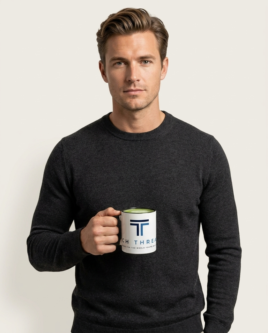 Tech Threads Logo Mug - luxury lifestyle shot with model