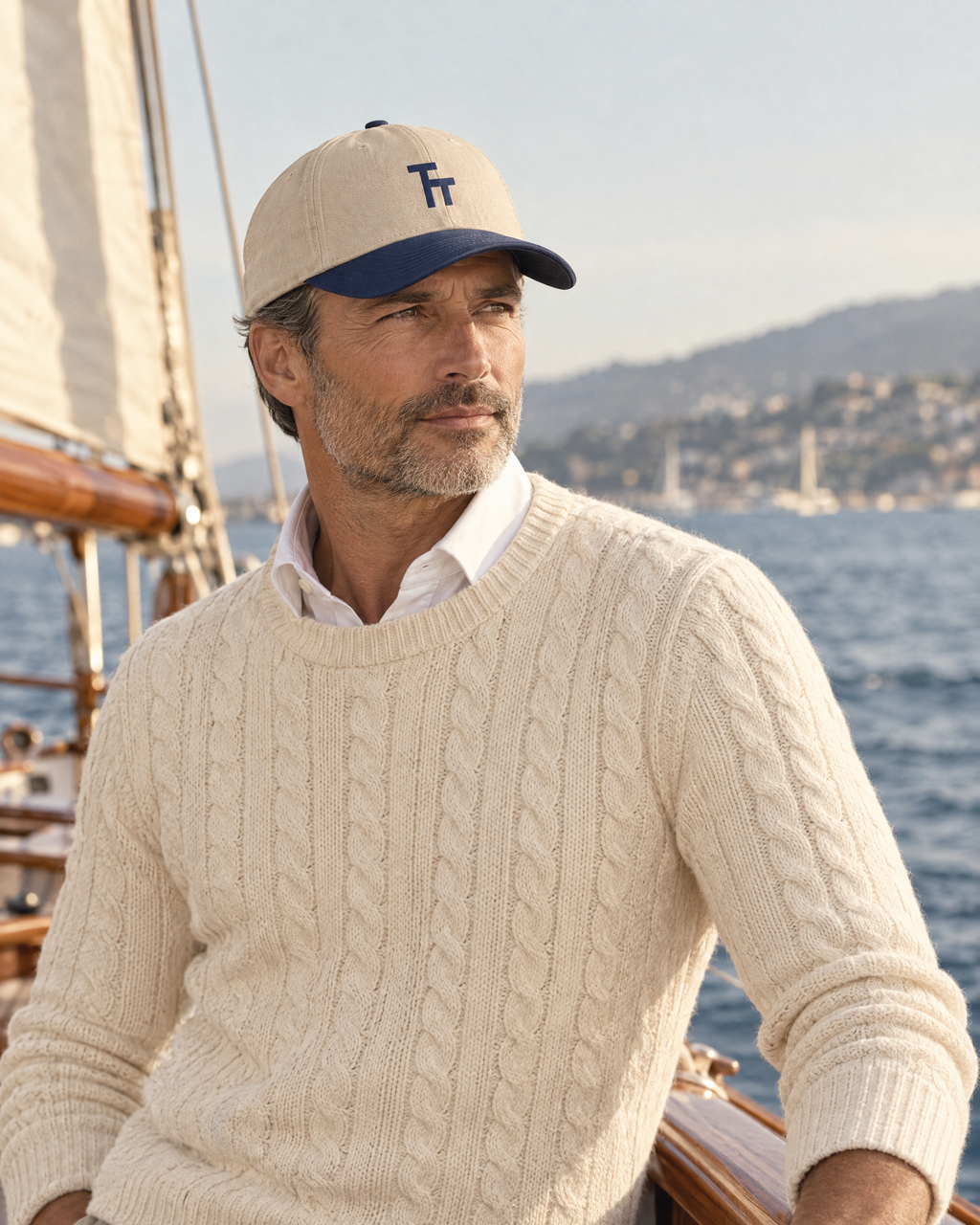 Man on the deck of a wooden sailboat wearing The TT Cap with a cream cable-knit sweater