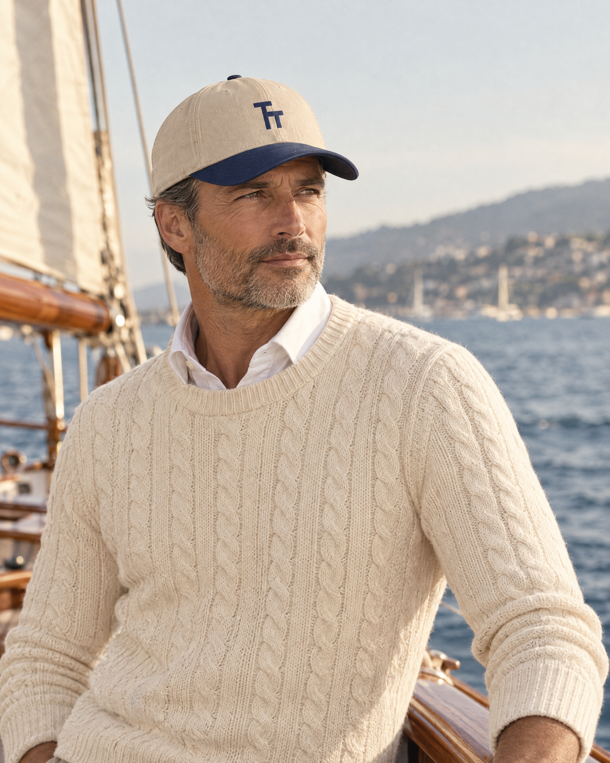 Man on the deck of a wooden sailboat wearing The TT Cap with a cream cable-knit sweater