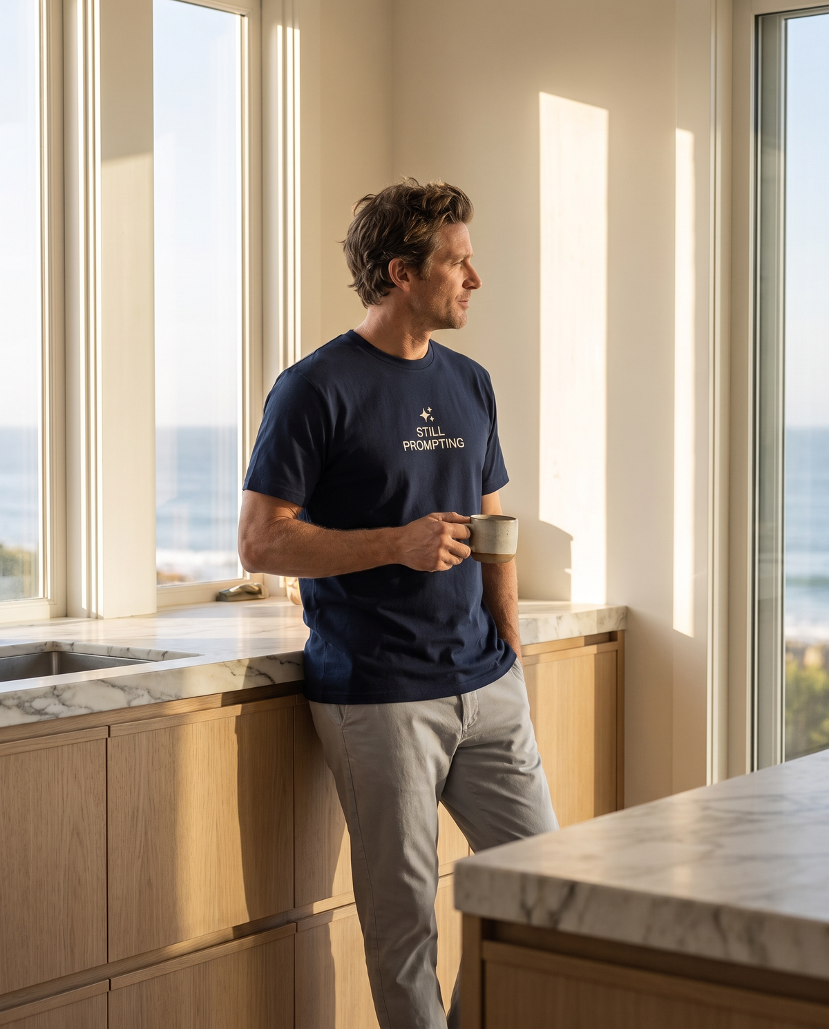 The Still Prompting Tee worn in a coastal estate kitchen