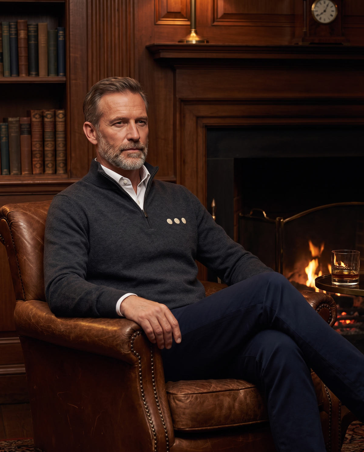The Ellipsis Quarter-Zip worn in a private club library