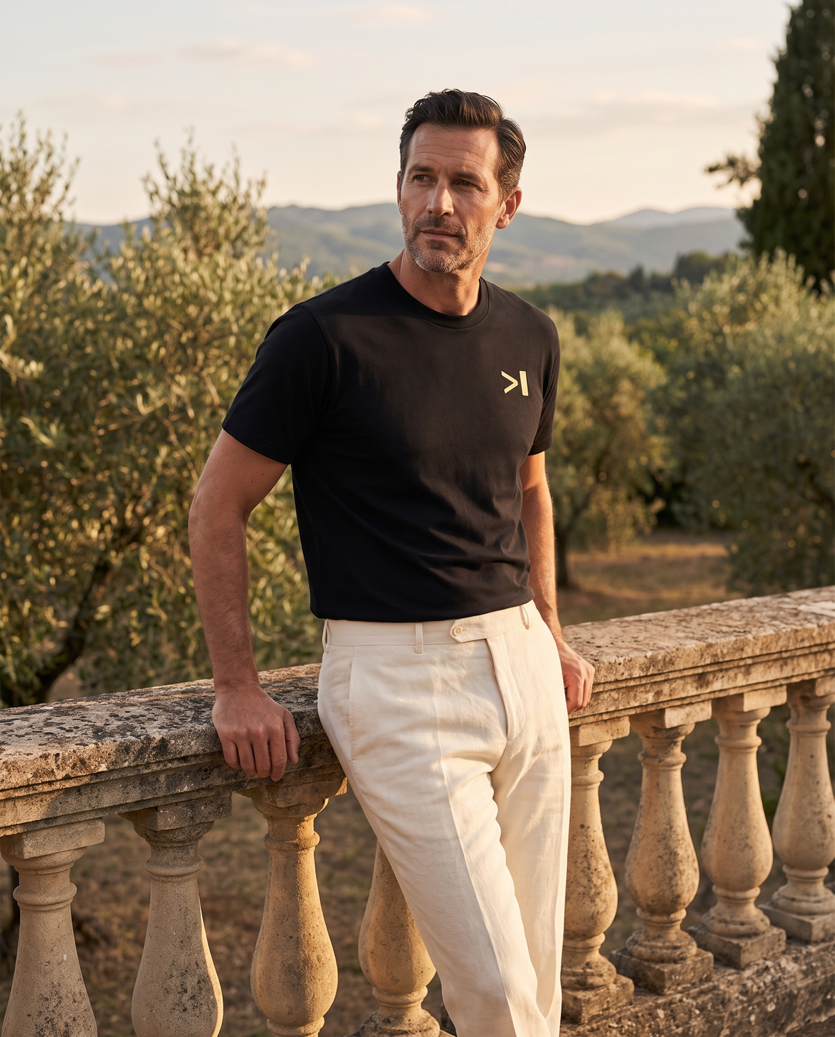 The Cursor Tee worn on a Mediterranean estate terrace