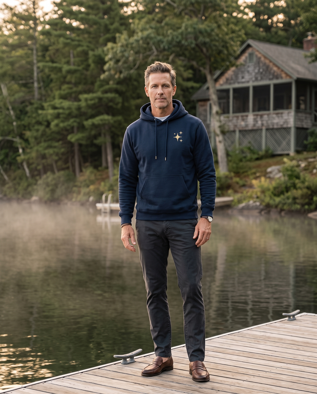 The Spark Hoodie worn on a lake house dock at sunrise