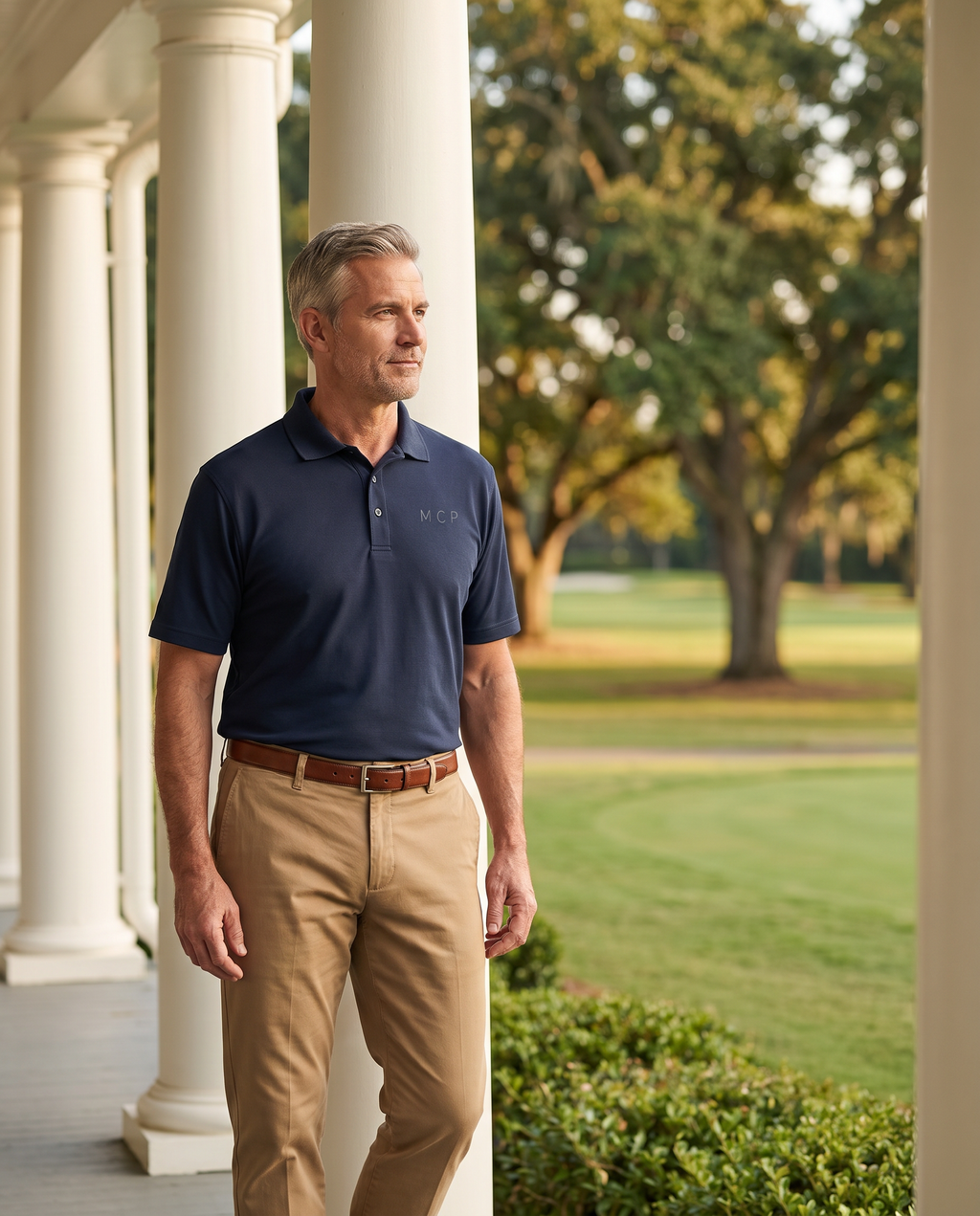 The MCP Polo worn on a country club veranda