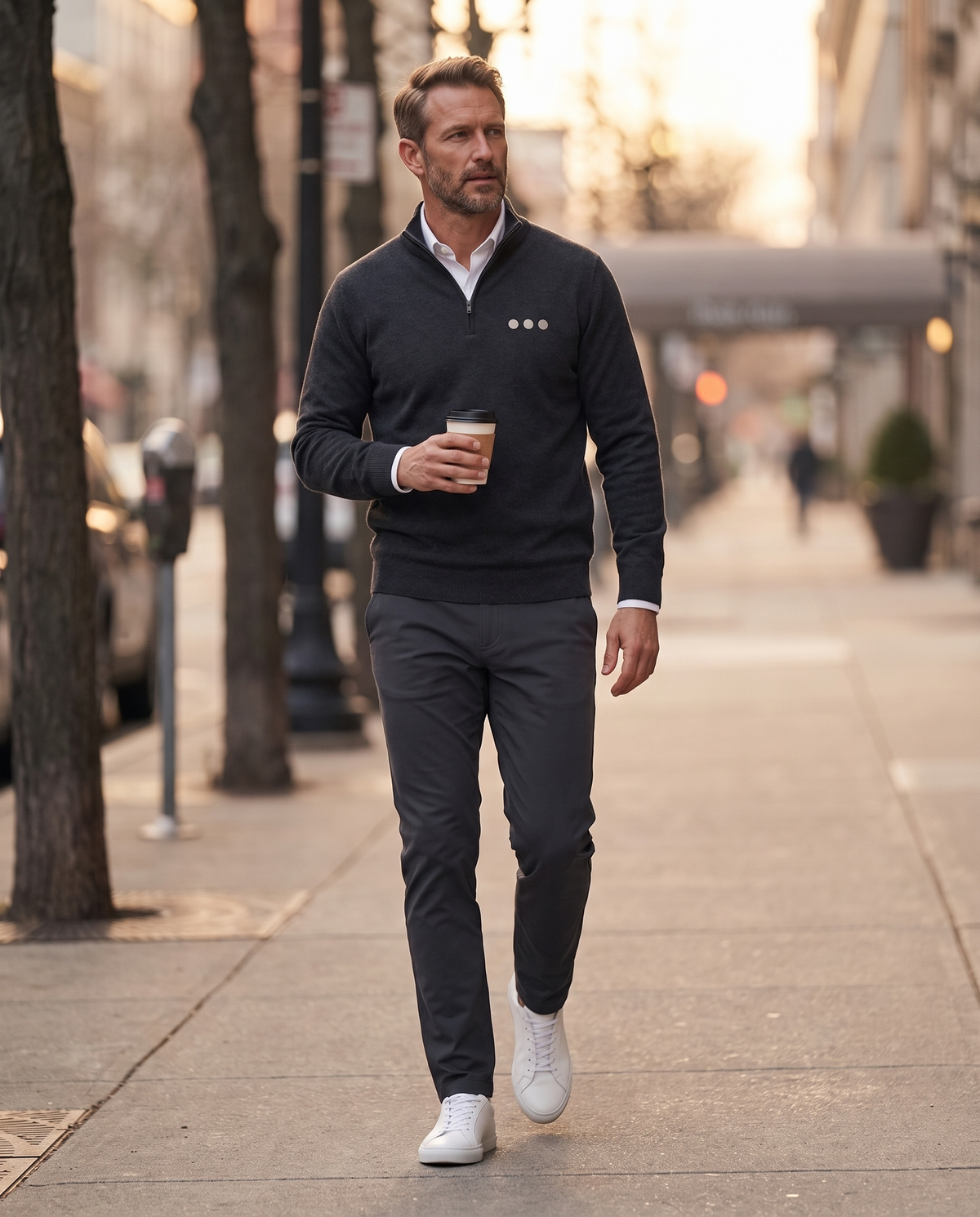 Super-Stretch Chino in Dark Charcoal with the Ellipsis Quarter-Zip over a white collar