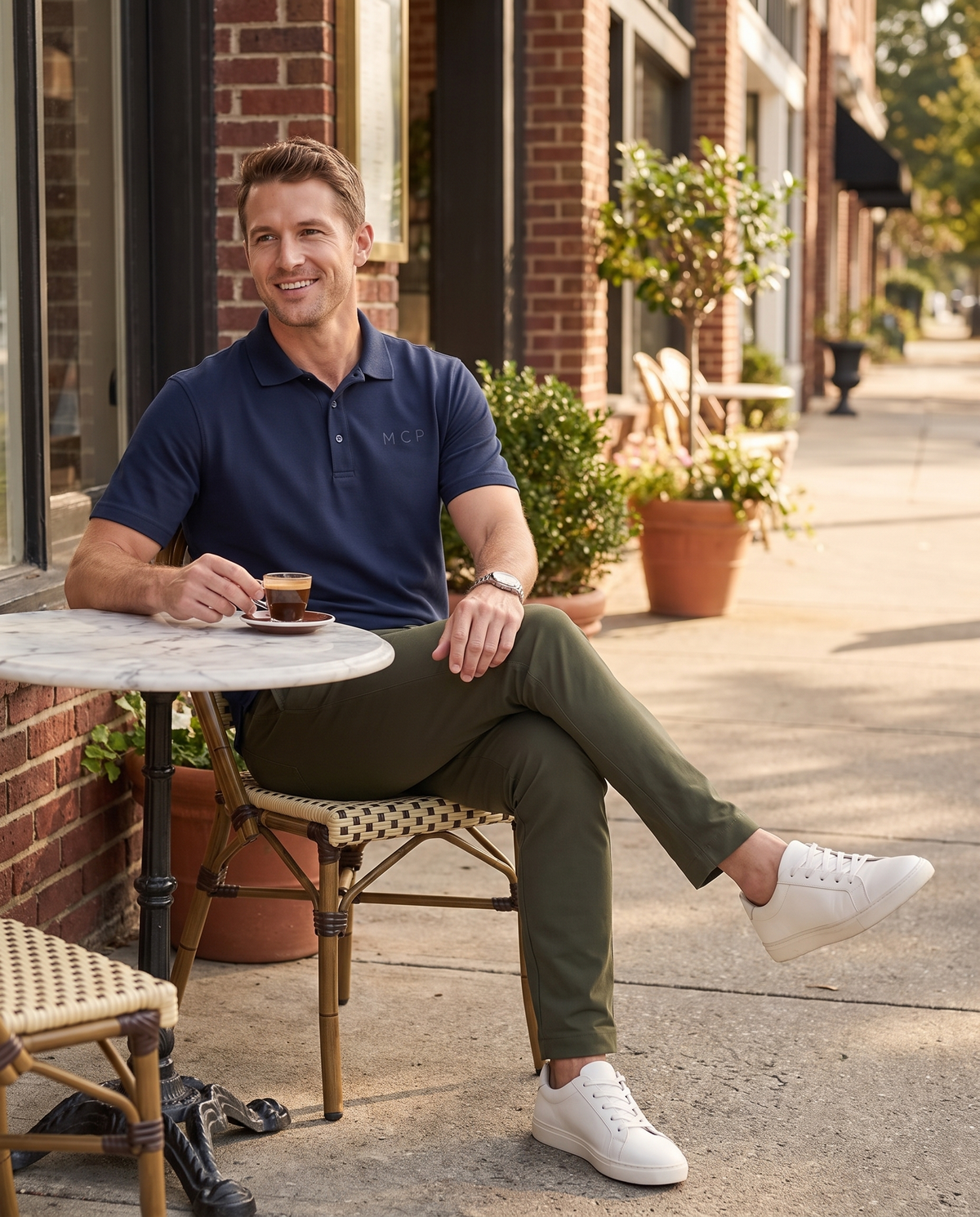 Super-Stretch Chino in Olive with the navy MCP Polo at a sidewalk cafe
