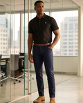 Super-Stretch Chino in Navy styled with the black Workday Stretch Polo and suede loafers