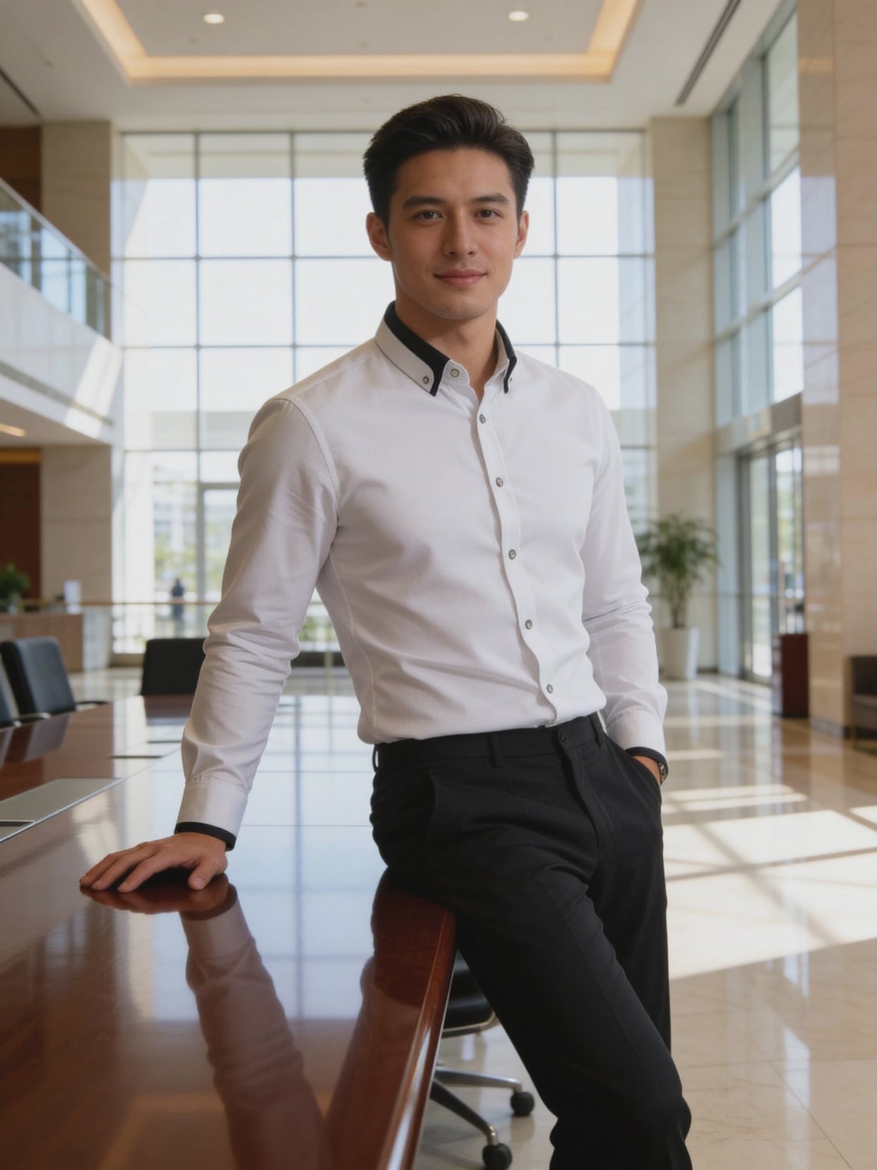 Men's white long sleeve dress shirt with black trim collar — statement business casual top from Tech Threads