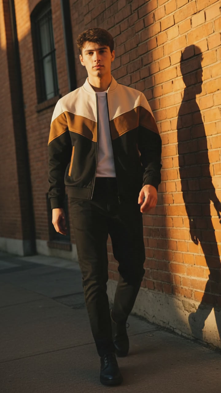 Tech Threads Signal Jacket — men's colorblock bomber windbreaker in cream and navy for smart athleisure style