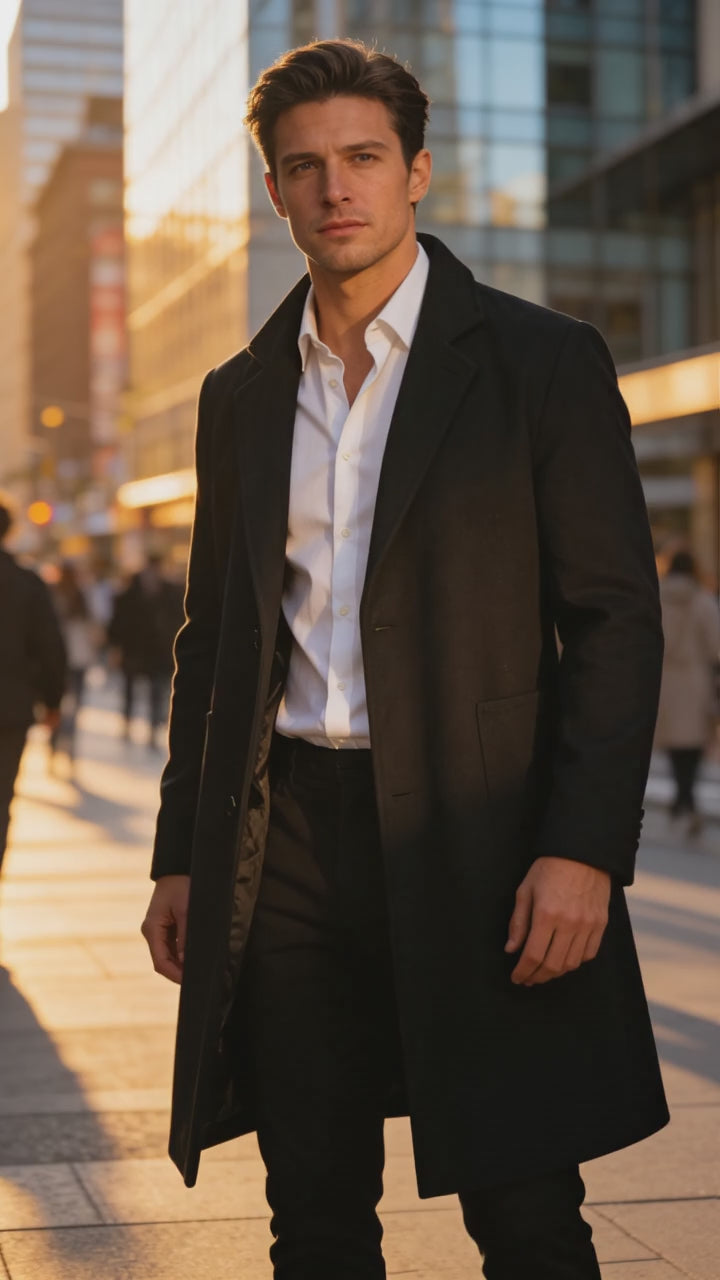 Tech Threads City Long Coat — men's black stand collar single-breasted long coat, premium smart casual outerwear